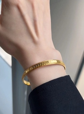 周家同款沙金爆闪碎冰满圈铜钱纹手镯女腰缠万贯镯子财源滚滚手环