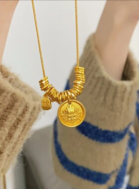 精工古法沙金黄财神福牌盘缠项链新中式黄金色财神爷吊坠女锁骨链