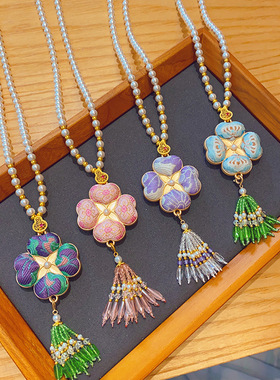 2026成品中式非遗宋锦幸运草项链女复古花朵吊坠旗袍汉服配饰挂坠