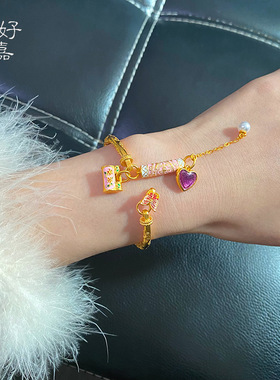 2025新款中式蜜粉弯管锁包吉言手镯开口可调节紫色爱心高级感手环