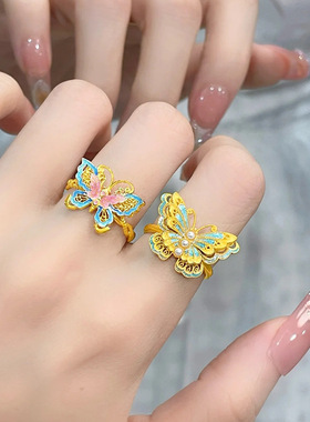 2025款古风金花边紫色粉色蝴蝶戒指女复古文艺镶嵌珍珠可调节指环