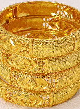 2025新款黄金色合沙金可开口镂空手镯子迪拜女士新娘婚礼手环首饰