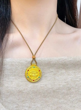 黄金色沙金珐琅彩独角貔貅吊坠女士时尚花丝吉祥八宝罗盘国风项链