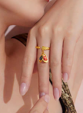 2025金店同款沙金平安喜乐吉言开口戒指古法锤纹珐琅彩可调节指环