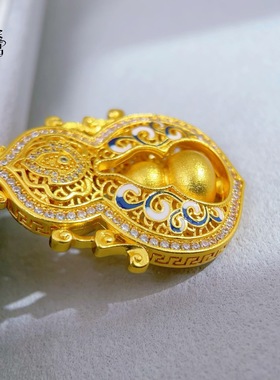 黄金色沙金镶钻珐琅彩青花瓷人生四美葫芦吊坠可转动高保色女项链