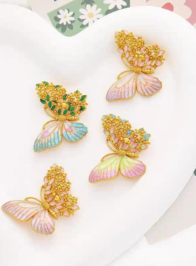 2025古法沙金珐琅彩梦幻繁花半面蝴蝶吊坠半面桂花项链diy配件女