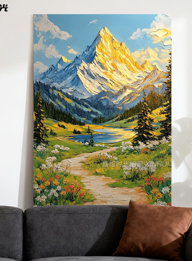 日照金山手绘油画玄关画一路生花