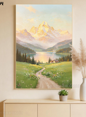 奶油风日照金山手绘油画玄关挂画