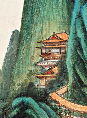 张大千仿巨然溪山兰若重彩山水画