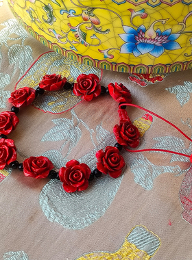 女朱砂红砂玫瑰花手链手串