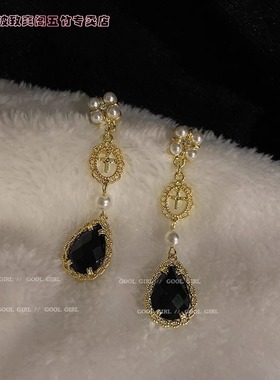 925银针韩国时尚珍珠水晶耳钉复古个性设计感气质耳环长款耳饰品