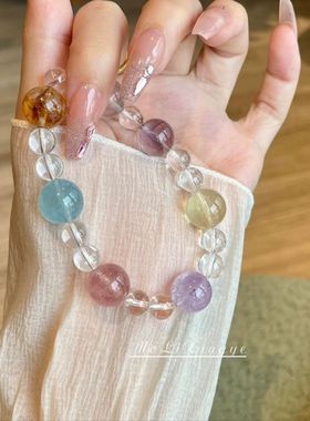 彩色糖果仿天然多宝水晶手串女海蓝宝紫阿塞粉黄水晶草莓晶手链女