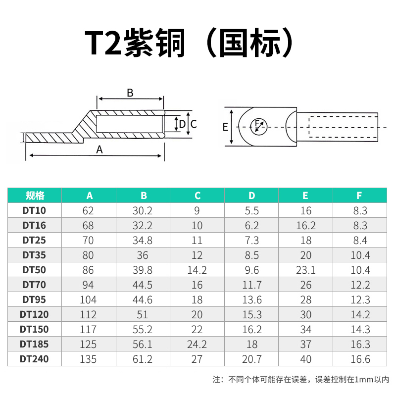 dt接线端子快速冷压接线器快速接头电线线鼻子A级国标电工铜鼻子