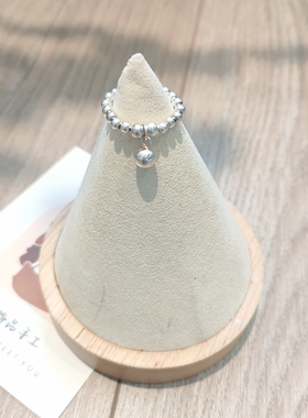 S925纯银指环手工弹力银珠吊坠戒指女时尚简约ins冷淡风小众银饰