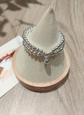 s925纯银双层圆珠手链【平安】纳福复古转运双圈弹力手串生日礼物