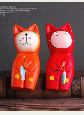 可爱风日式小猫钓鱼年年有余摆件