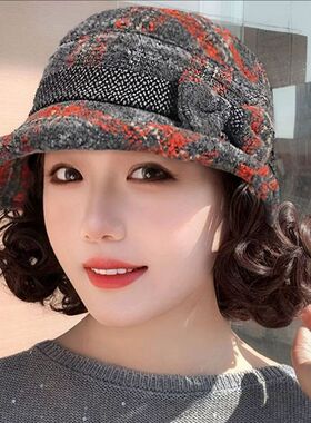 帽子保暖假发帽子秋冬季妈妈短卷发假发全头套假发一体时尚渔夫帽
