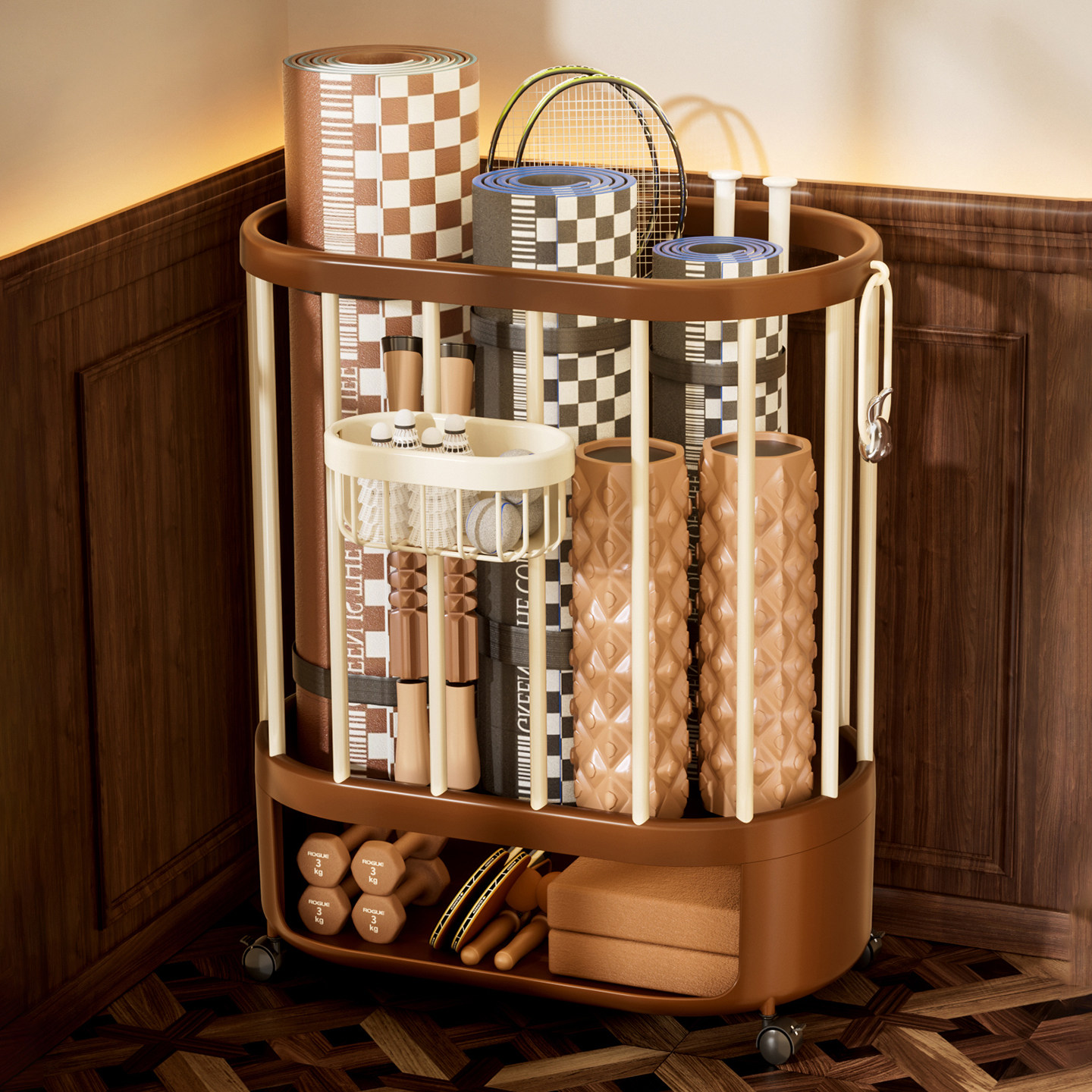 瑜伽垫收纳筐家用健身器材置物收纳架篮球哑铃运动工具整理神器,淘宝优惠券,粉丝福利购,淘宝优惠卷