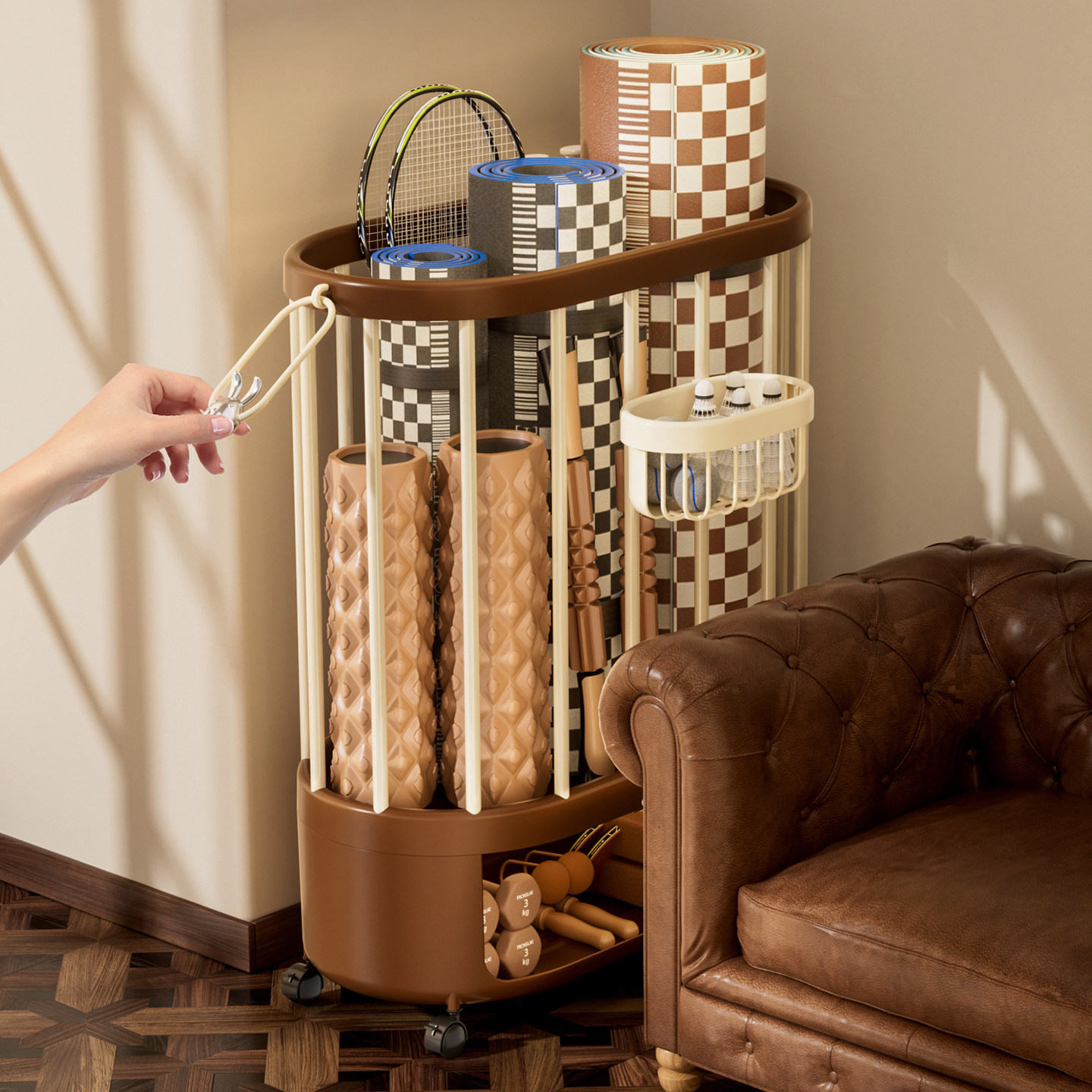 瑜伽垫收纳筐家用健身器材置物收纳架篮球哑铃运动工具整理神器,淘宝优惠券,粉丝福利购,淘宝优惠卷