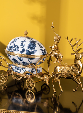 欧式风鹿拉车奢华陶瓷果盘玄关柜