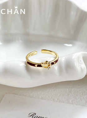 酒红爱心铜镀金开口冷淡风戒指