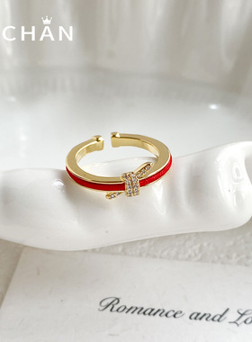 新中式红绳锆石几何可调开口戒