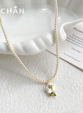法式复古小香风山茶花珍珠项链