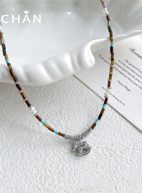 复古新中式虎眼石木马吊坠项链