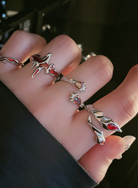 红色高级感戒指女ins叠戴百搭冷淡指环情侣小众设计感时尚食指戒