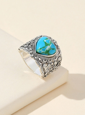 华杰wish热卖爆款绿色心形复古戒指  欧美潮男女节日戒指直销