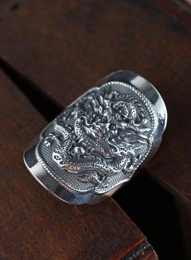 复古霸气生肖龙戒指朋克纯银个性设计男中国指环食指开口调节宽面