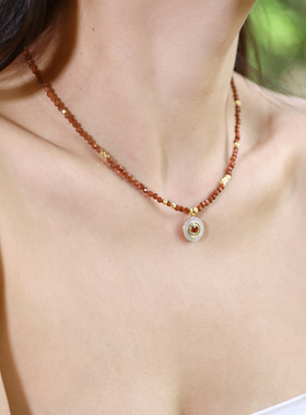 天然金沙石串珠吊坠项链