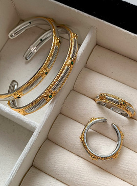 中古金银色祖母绿色钻中指食指开口戒指女可调节轻奢设计小众精致