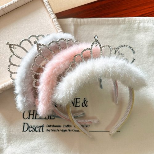 韩国新款气质皇冠水钻发箍秋冬毛绒绒可爱卡通洗脸头箍小公主发卡 - 图0