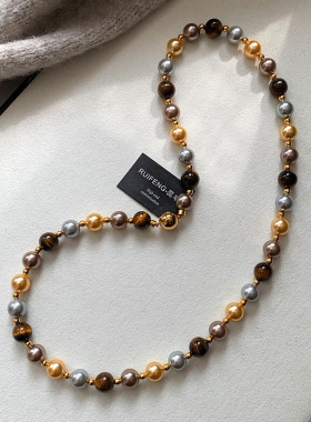 美拉德穿搭天然虎眼石磁吸扣串珠项链女配饰高级感锁骨链毛衣链