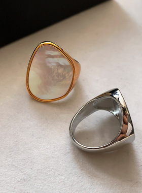 欧美复古金色白贝母戒指女小众设计高级感冷淡风个性夸张食指指环