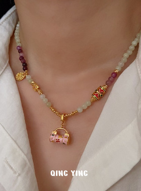 新中式国风复古彩石串珠珐琅滴釉锁包吊坠项链轻奢精致颈链锁骨链