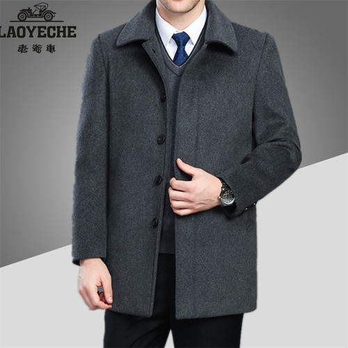 老爷车正品毛呢大衣男中老年加绒加厚保暖外套秋冬爸爸羊毛大衣男 - 图0