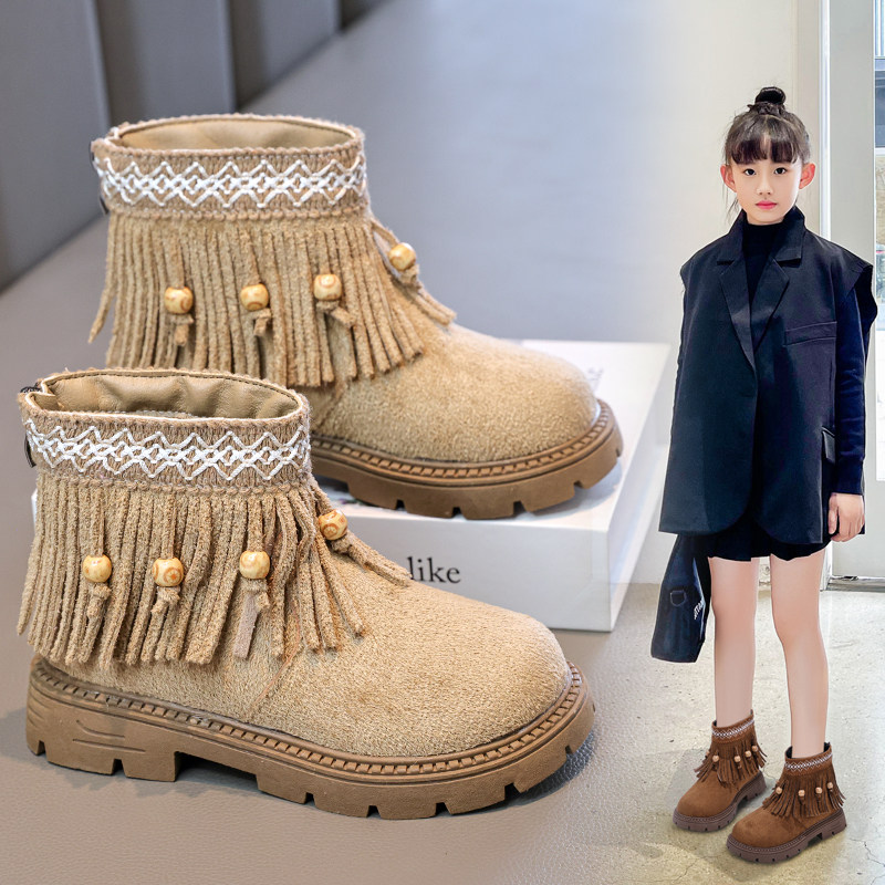 女童流苏公主短靴2025秋冬款串珠民族风加绒马丁靴儿童软底勃肯靴,淘宝优惠券,粉丝福利购,淘宝优惠卷