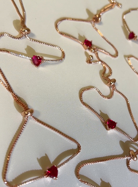 韩国正品抽拉链红刚玉玫瑰金色 红色爱心手链 配饰粉金色镀金手链