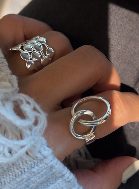 泰国产 通体925纯银设计感立体几何双环戒指时尚饰品 银饰 银戒指