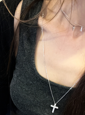 韩国72w通体925纯银 迷你闪烁十字架 细蛇骨项链 锁骨链