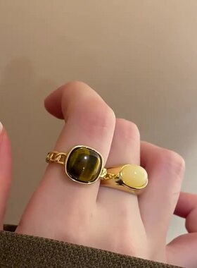 美拉德风复古琥珀色天然石开口戒