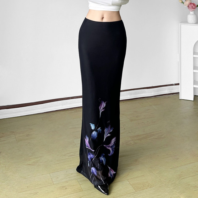 MSYOUCAN Ghost Orchid Purple Plant Printed Skirt Low Waist Draping Retro Straight Skirt for Women