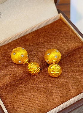 古法沙金点钻拉丝小球耳钉