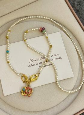 复古沙金小象吉祥珍珠项链