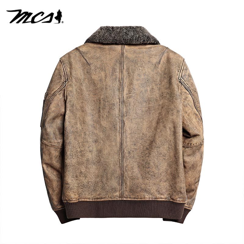 MCS秋冬男装毛翻领皮夹克男短款飞行员羽绒牛皮真皮皮衣复古外套,淘宝优惠券,粉丝福利购,淘宝优惠卷