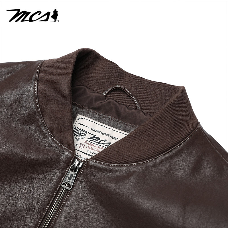 MCS男装秋冬绵羊皮真皮皮衣棒球领单外套休闲百搭秋季中年皮夹克 - 图1