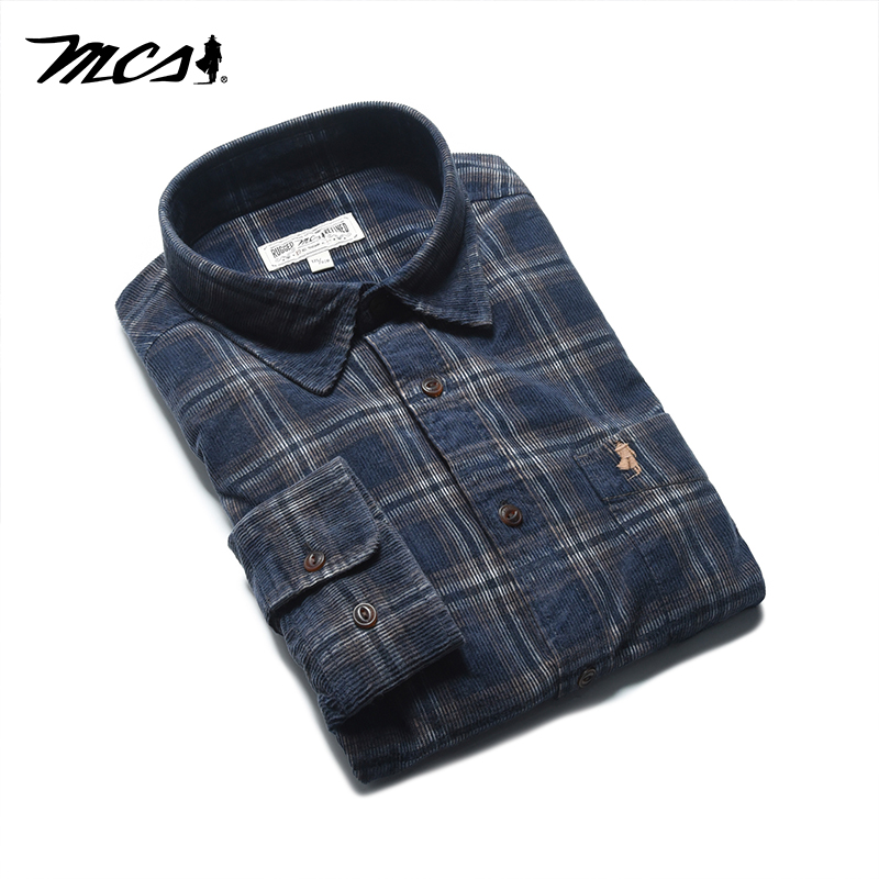 MCS万宝路男装2024年春秋新款衬衣外套男中年灯芯绒休闲长袖衬衫 - 图1