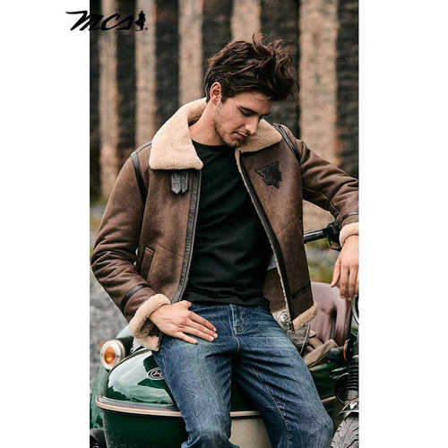 MCS男装美式复古毛领皮衣男短款羊毛皮毛一体B6飞行员皮夹克外套 - 图2